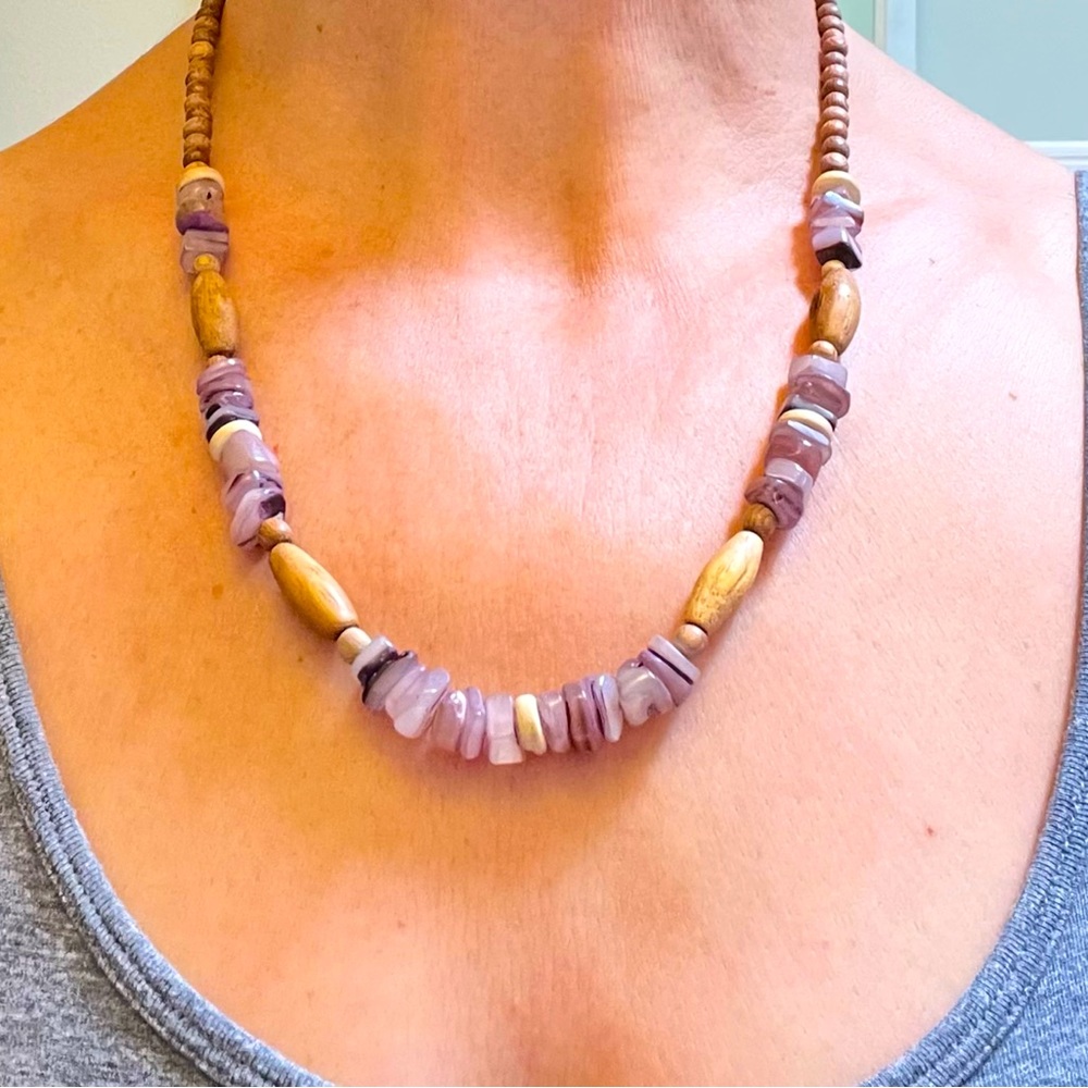 Vintage Handmade Wood And Amethyst Beaded Necklace